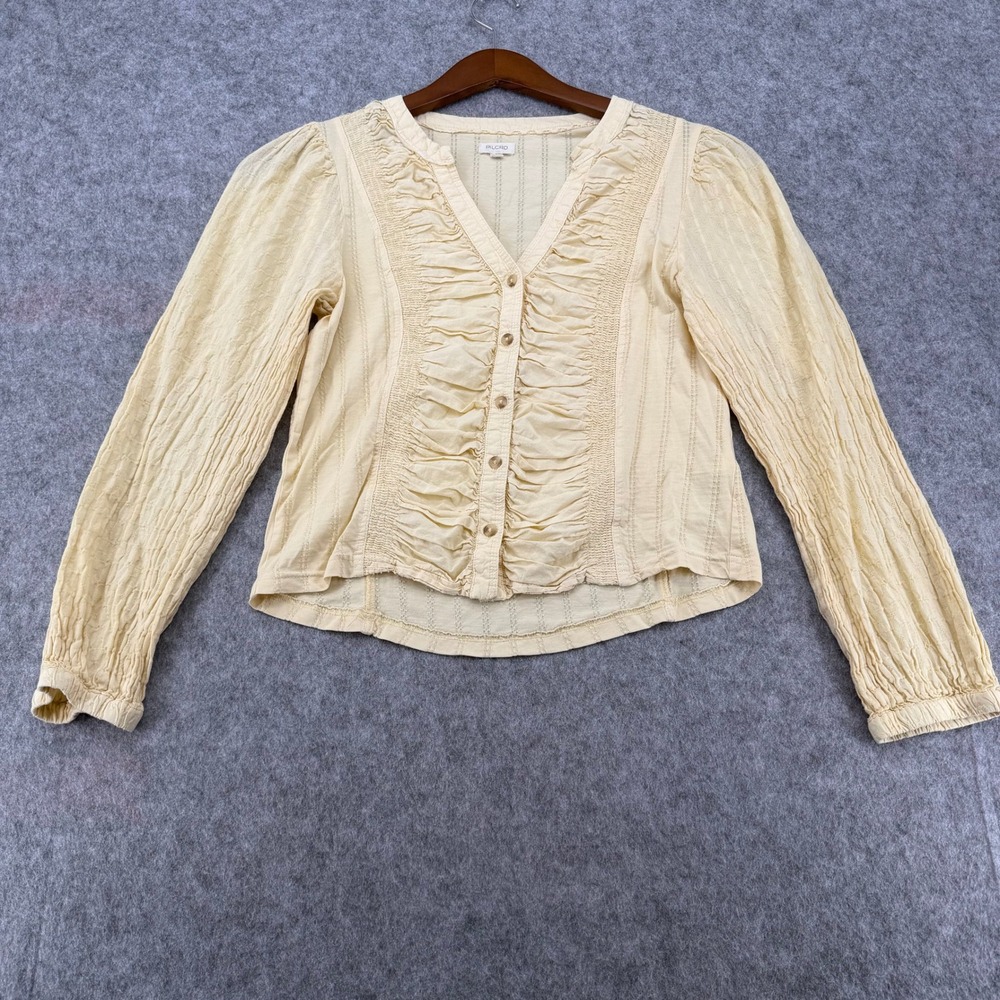 Pilcro Anthropologie Yellow Ruched Button Front Pointelle Knit Top Large